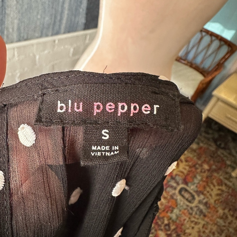 Blu Pepper Black and White Textured Puff Sleeve Polkadot Babydoll Dress - Picture 9 of 9
